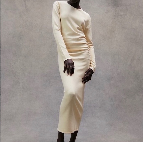 Zara Dresses & Skirts - Zara Long-Sleeve Draped Knit Bodycon Minimalist Midi Dress, Beige Cream, Size‎ S